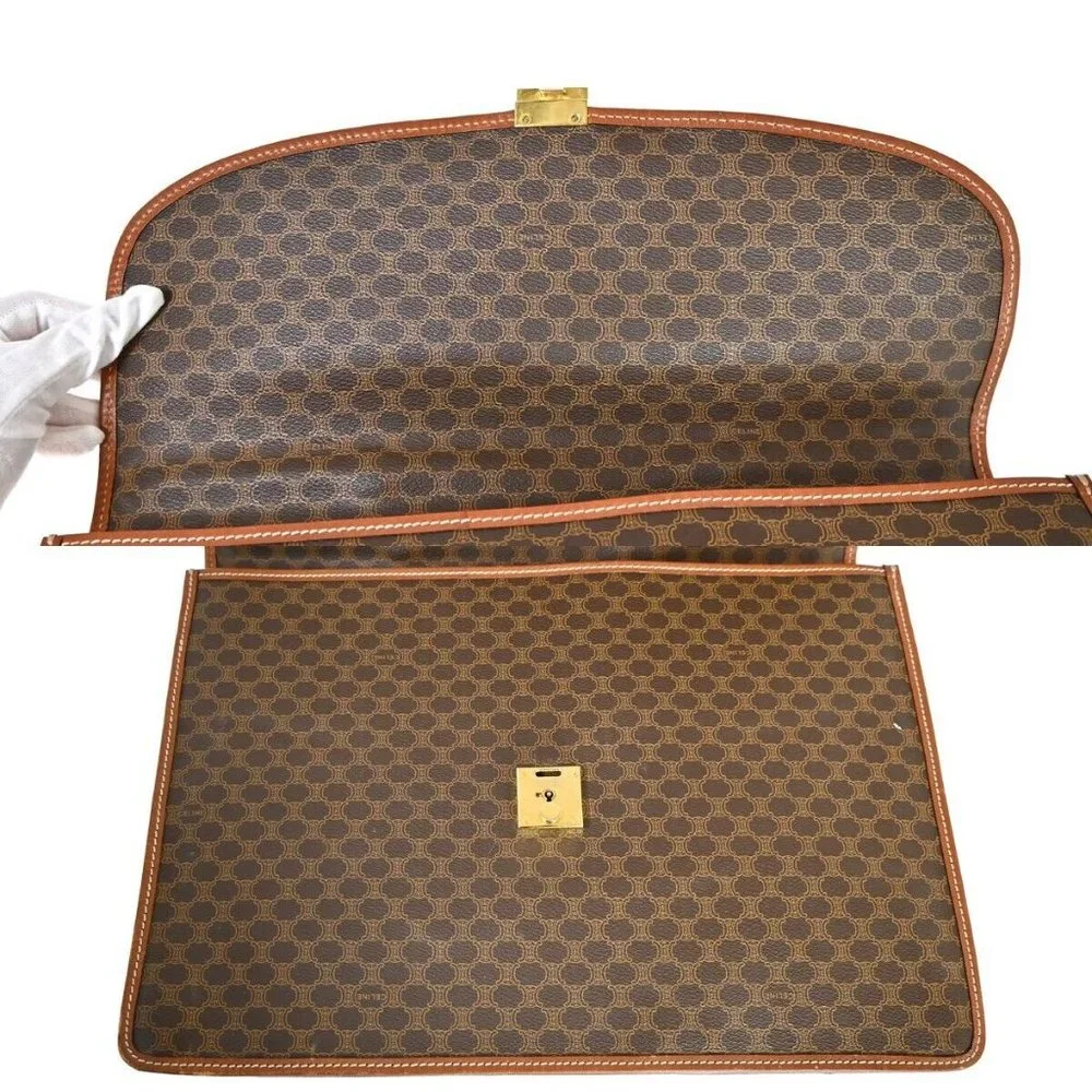 CELINE Logo Macadam Pattern Briefcase Hand Bag PVC Leather Brown Italy